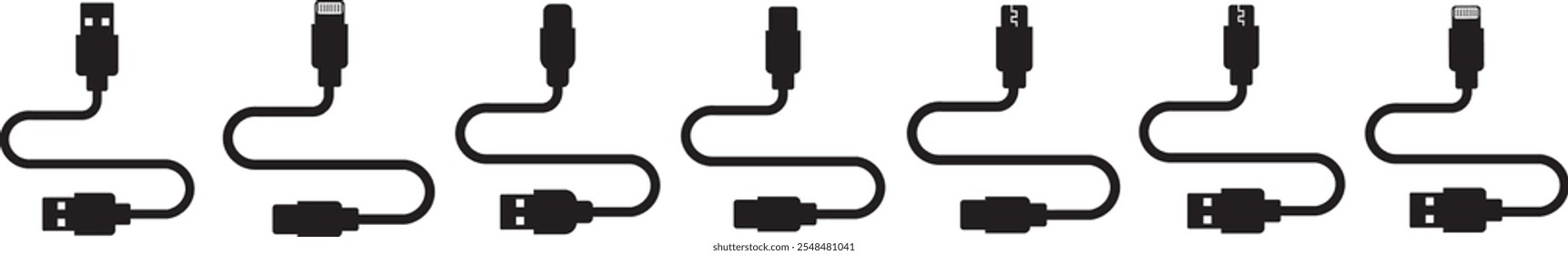 Conjunto de iconos de puerto de cable USB. USB tipo C Un rayo y micro USB cargador de teléfono móvil colección de Vector aislado transparente. Símbolo del adaptador del enchufe. Conector de dispositivo Electrónica. Signo del cargador del smartphone