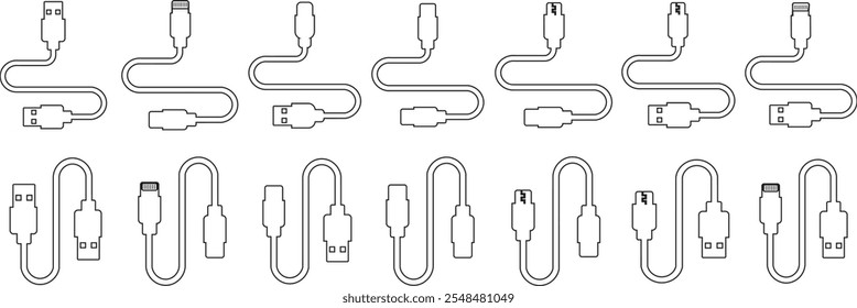 Conjunto de iconos de puerto de cable USB. USB tipo C Un rayo y micro USB cargador de teléfono móvil colección de Vector aislado transparente. Símbolo del adaptador del enchufe. Conector de dispositivo Electrónica. Signo del cargador del smartphone