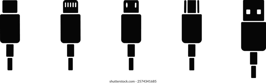 USB cable port icon set. USB type C, A, lightning and micro mobile phone charger vector illustration collection. Plug adapter symbol. Electronic device connector. Smartphone charger sign.