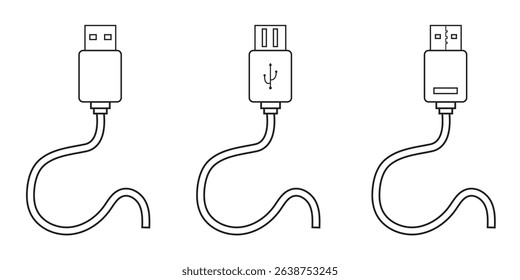USB cable port icon set. USB type C and A lightning and micro USB mobile phone charger collection. Plug adapter symbol. Electronic device connector. Smartphone charger sign. Variety type of a symbols.