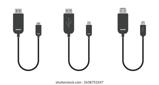 USB cable port icon set. USB type C and A lightning and micro USB mobile phone charger collection. Plug adapter symbol. Electronic device connector. Smartphone charger sign. Variety type of a symbols.
