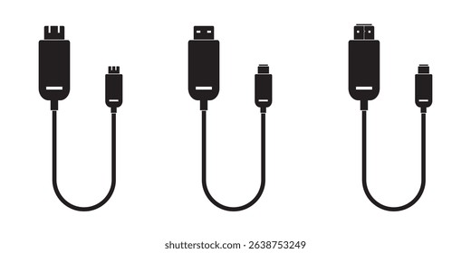 USB cable port icon set. USB type C and A lightning and micro USB mobile phone charger collection. Plug adapter symbol. Electronic device connector. Smartphone charger sign. Variety type of a symbols.