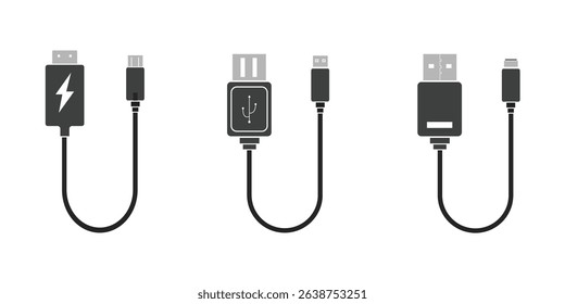 USB cable port icon set. USB type C and A lightning and micro USB mobile phone charger collection. Plug adapter symbol. Electronic device connector. Smartphone charger sign. Variety type of a symbols.