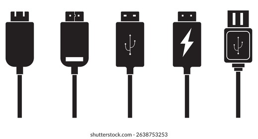USB cable port icon set. USB type C and A lightning and micro USB mobile phone charger collection. Plug adapter symbol. Electronic device connector. Smartphone charger sign. Variety type of a symbols.