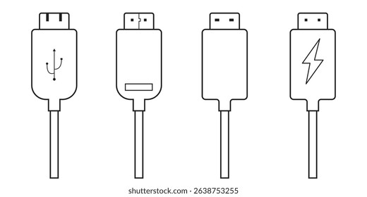 USB cable port icon set. USB type C and A lightning and micro USB mobile phone charger collection. Plug adapter symbol. Electronic device connector. Smartphone charger sign. Variety type of a symbols.