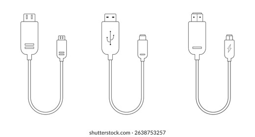 USB cable port icon set. USB type C and A lightning and micro USB mobile phone charger collection. Plug adapter symbol. Electronic device connector. Smartphone charger sign. Variety type of a symbols.