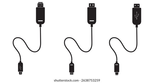 USB cable port icon set. USB type C and A lightning and micro USB mobile phone charger collection. Plug adapter symbol. Electronic device connector. Smartphone charger sign. Variety type of a symbols.