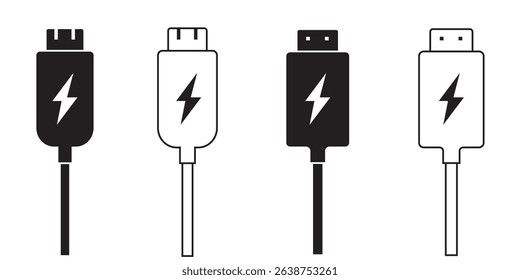 USB cable port icon set. USB type C and A lightning and micro USB mobile phone charger collection. Plug adapter symbol. Electronic device connector. Smartphone charger sign. Variety type of a symbols.