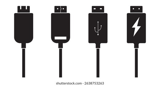 USB cable port icon set. USB type C and A lightning and micro USB mobile phone charger collection. Plug adapter symbol. Electronic device connector. Smartphone charger sign. Variety type of a symbols.