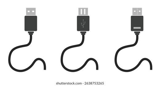 USB cable port icon set. USB type C and A lightning and micro USB mobile phone charger collection. Plug adapter symbol. Electronic device connector. Smartphone charger sign. Variety type of a symbols.