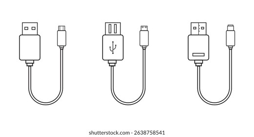 USB cable port icon set. USB type C, A, lightning and micro USB mobile phone charger vector illustration collection. USB cable icon. Mobile charger. Micro cables Variety cable Vector illustration.