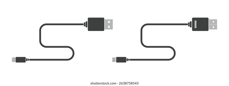USB cable port icon set. USB type C, A, lightning and micro USB mobile phone charger vector illustration collection. USB cable icon. Mobile charger. Micro cables Variety cable Vector illustration.