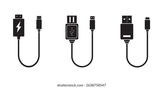 USB cable port icon set. USB type C, A, lightning and micro USB mobile phone charger vector illustration collection. USB cable icon. Mobile charger. Micro cables Variety cable Vector illustration.