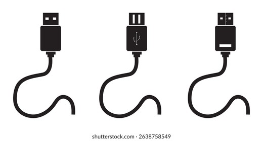 USB cable port icon set. USB type C, A, lightning and micro USB mobile phone charger vector illustration collection. USB cable icon. Mobile charger. Micro cables Variety cable Vector illustration.