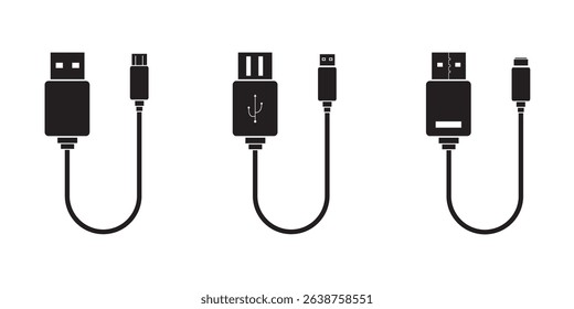 USB cable port icon set. USB type C, A, lightning and micro USB mobile phone charger vector illustration collection. USB cable icon. Mobile charger. Micro cables Variety cable Vector illustration.