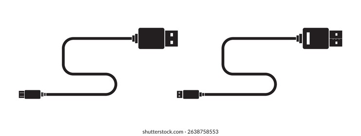USB cable port icon set. USB type C, A, lightning and micro USB mobile phone charger vector illustration collection. USB cable icon. Mobile charger. Micro cables Variety cable Vector illustration.