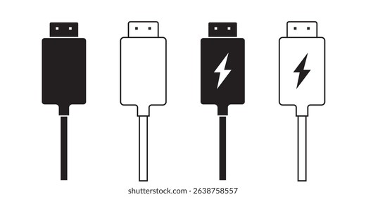 USB cable port icon set. USB type C, A, lightning and micro USB mobile phone charger vector illustration collection. USB cable icon. Mobile charger. Micro cables Variety cable Vector illustration.