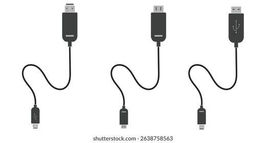 USB cable port icon set. USB type C, A, lightning and micro USB mobile phone charger vector illustration collection. USB cable icon. Mobile charger. Micro cables Variety cable Vector illustration.