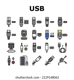 Usb Cable And Port Purchases Icons Set Vector. 3.0 Usb Cable And Dp Displayport, Tangle Earphone And Hub, Thunderbolt And Charger, Mini Jack And Microphone Line. Color Illustrations