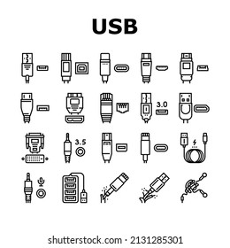 Usb Cable And Port Purchases Icons Set Vector. 3.0 Usb Cable And Dp Displayport, Tangle Earphone And Hub, Thunderbolt And Charger, Mini Jack And Microphone Black Contour Illustrations