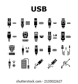 Usb Cable And Port Purchases Icons Set Vector. 3.0 Usb Cable And Dp Displayport, Tangle Earphone And Hub, Thunderbolt And Charger, Mini Jack And Microphone Glyph Pictograms Black Illustrations