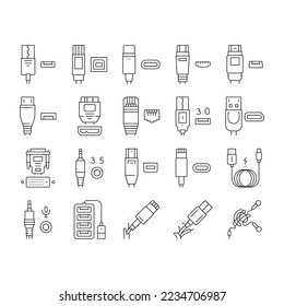 Usb Cable And Port Purchases Icons Set Vector. 3.0 Usb Cable And Dp Displayport, Tangle Earphone And Hub, Thunderbolt And Charger, Mini Jack And Microphone Black Contour Illustrations