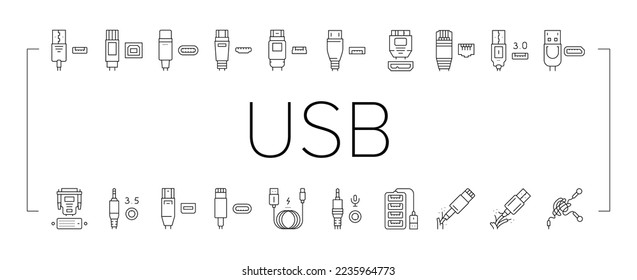 Usb Cable And Port Purchases Icons Set Vector. 3.0 Usb Cable And Dp Displayport, Tangle Earphone And Hub, Thunderbolt And Charger, Mini Jack And Microphone Black Contour Illustrations