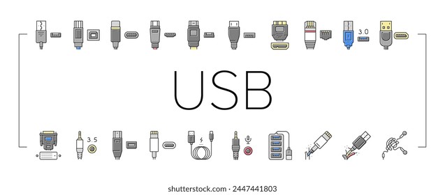 El Cable Usb Y Las Compras De Puertos Iconos Establecen El Vector. 3.0 Cable Usb Y Displayport Dp, Auriculares Y Hub Enrejado, Thunderbolt Y Cargador, Mini Jack Y Línea De Micrófono. Ilustraciones de color