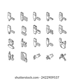 Usb Cable And Port Purchases isometric icons set. 3.0 Usb Cable And Dp Displayport, Tangle Earphone And Hub, Thunderbolt And Charger, Mini Jack And Microphone Line. Color