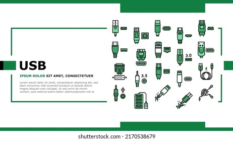 Usb Cable And Port Purchases Landing Web Page Header Banner Template Vector.  3.0 Usb Cable And Dp Displayport, Tangle Earphone And Hub, Thunderbolt And Charger, Mini Jack And Microphone. Illustration