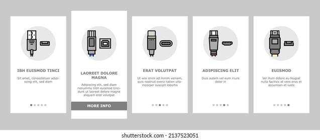 Usb Cable And Port Purchases Onboarding Mobile App Page Screen Vector. 3.0 Usb Cable And Dp Displayport, Tangle Earphone And Hub, Thunderbolt And Charger, Mini Jack And Microphone . Illustrations