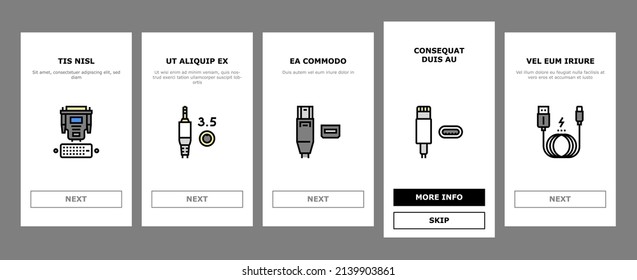 Usb Cable And Port Purchases Onboarding Mobile App Page Screen Vector. 3.0 Usb Cable And Dp Displayport, Tangle Earphone And Hub, Thunderbolt And Charger, Mini Jack And Microphone . Illustrations