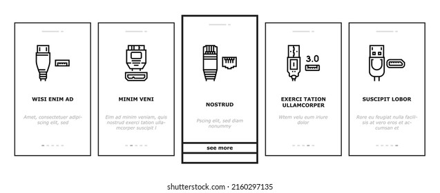 Usb Cable And Port Purchases Onboarding Mobile App Page Screen Vector. 3.0 Usb Cable And Dp Displayport, Tangle Earphone And Hub, Thunderbolt And Charger, Mini Jack And Microphone . Illustrations