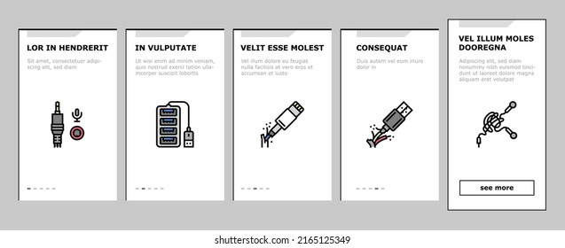 Usb Cable And Port Purchases Onboarding Mobile App Page Screen Vector. 3.0 Usb Cable And Dp Displayport, Tangle Earphone And Hub, Thunderbolt And Charger, Mini Jack And Microphone . Illustrations