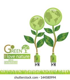 Usb cable. Tree design. Go green. Save world. vector illustration.
