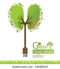 Usb cable. Tree design. Go green. Save world. vector illustration.