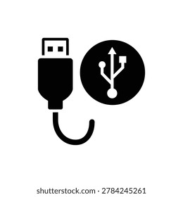 USB Cable Type-A Universal Serial Bus Glyph Icon. Black glyph icon featuring a USB Type-A male connector end alongside the universal serial bus symbol.