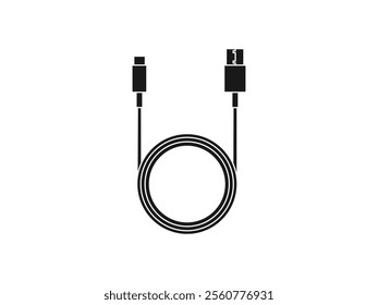 USB Cable, USB Cable Vector Art Illustration. Looping cable with USB and Micro-USB connectors icon. Long USB cable wire cord round shape. Vector silhouette.