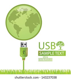 Usb cable. World. Go green. Save world. vector illustration.