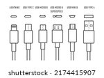Usb cables icons. Electronic device input cable cords, internet charging wires signs, lightning micro usb types for mobile phone connector plugs
