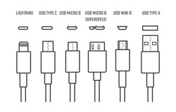 Usb Cables Icons. Electronic Device Input Cable Cords, Internet Charging Wires Signs, Lightning Micro Usb Types For Mobile Phone Connector Plugs