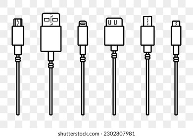 USB cables icons. Lightning micro usb types for smartphone connector plugs. Vector illustration isolated on transparent background.