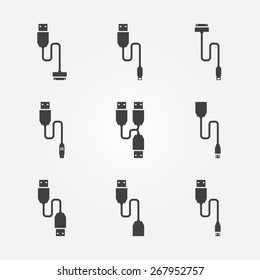 USB cables icons - vector black wire computer symbols