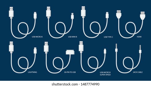 USB cables set. Type A, B and type C plugs, mini, micro, lightning, hdmi, 30-pin, jack. Universal computer white cable connectors.Vector illustration in cartoon style.
