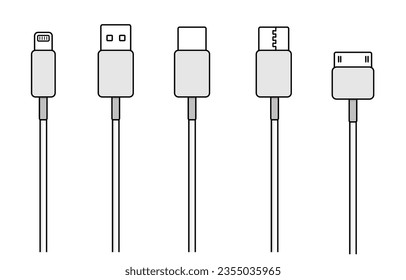 Usb cables,charging wires, Electronic device input cable icons. Cables USB HDMI Type C Mini Jack Mini B Microfor mobile phone connector plugs