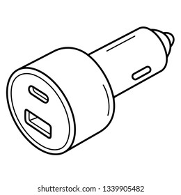 USB Car Charger. Vector Outline Icon Isolated On White Background.