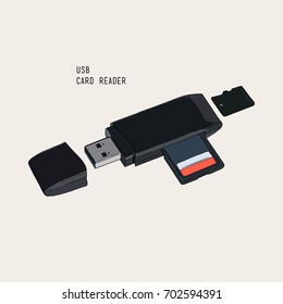 USB card reader , reading memory card for connect computer. hand draw sketch vector.