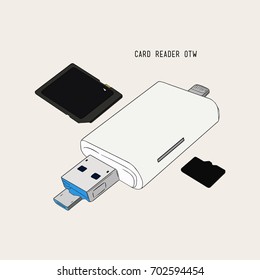 USB card reader , reading memory card for connect computer. hand draw sketch vector.