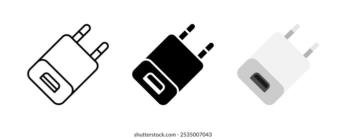 Icono del adaptador del cargador USB. Ilustración vectorial del enchufe de la fuente de alimentación del teléfono móvil. Símbolo de cargador de dispositivo electrónico de plástico. Señal del adaptador del cable USB del teléfono. Concepto de accesorio de unidad de alimentación de smartphone blanco.