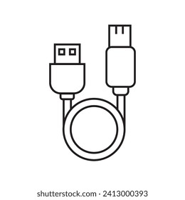 Icono del vector de contorno del cable USB del teléfono móvil del cable del cargador USB y del teléfono inteligente, cable de bucle con icono de conectores USB y micro USB